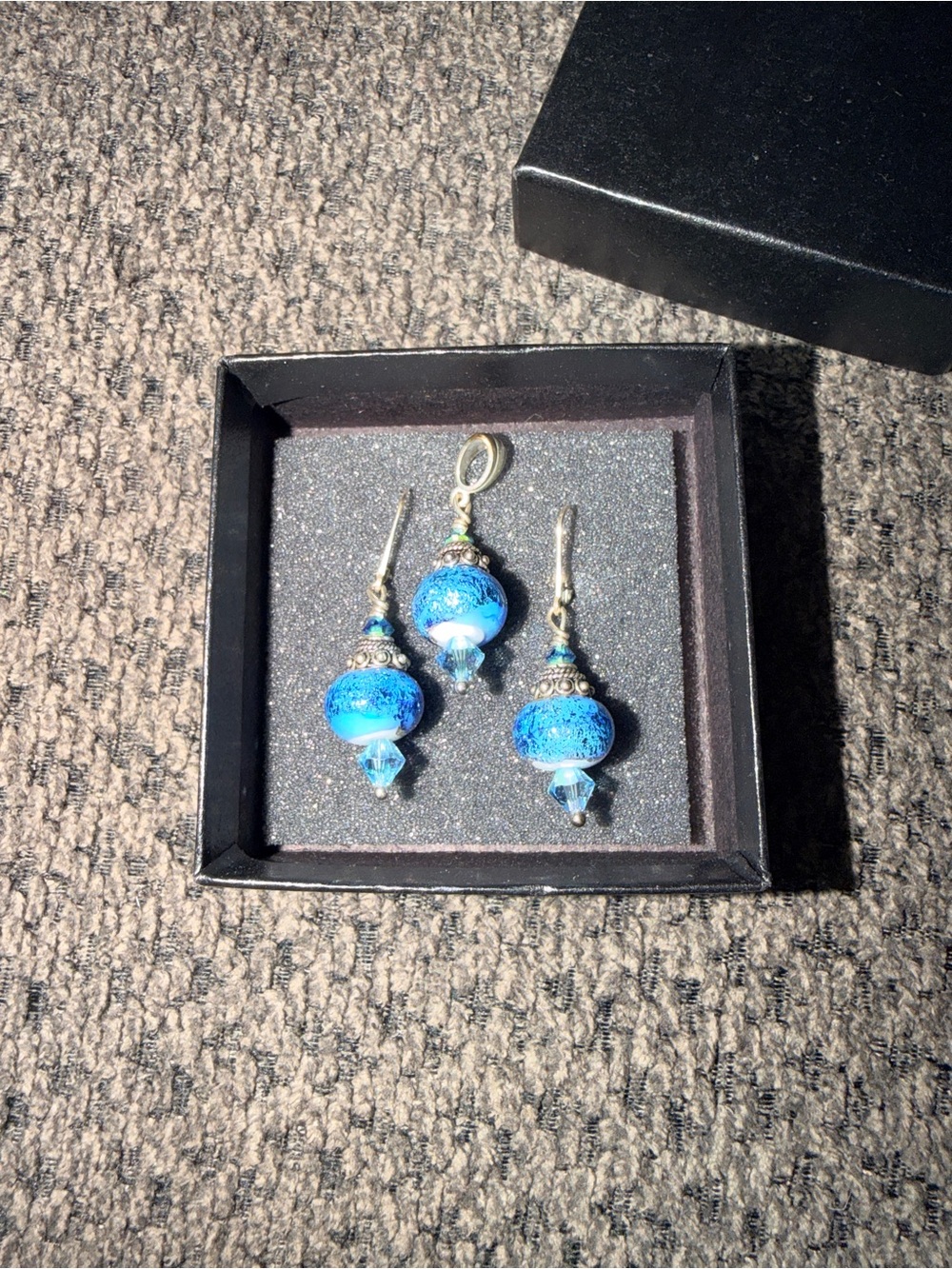 Handcrafted Blue Murano Glass Bead Earrings & Pendant Set silver Michael Anthony